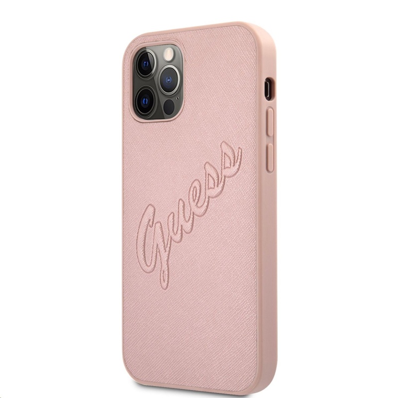 Guess PU Saffiano Vintage Script Zadní Kryt pro iPhone 12 / 12 Pro Rose Gold