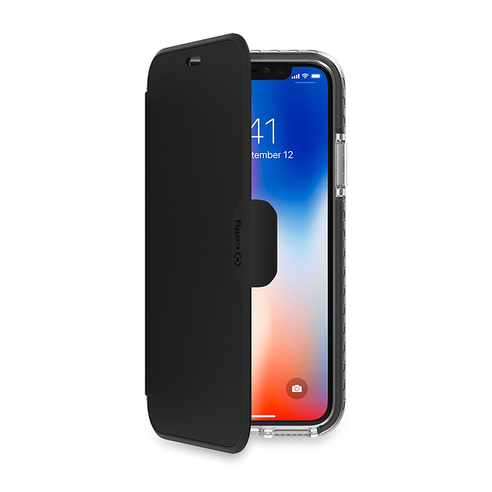 Extra odolné pouzdro typu kniha CELLY Hexawally pro Apple iPhone X / XS, černé