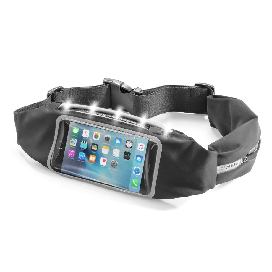 Sportovní pouzdro CellularLine WAISTBAND RUNNING s průhledem a LED diodami, černé