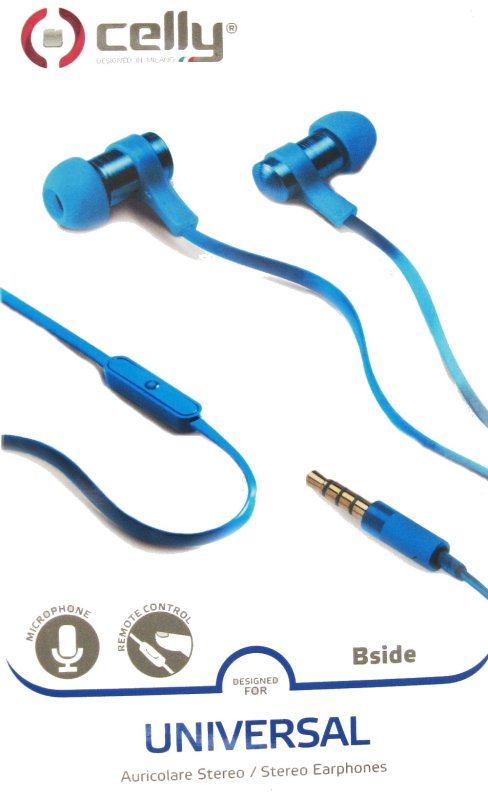 Stereo sluchátka CELLY s mikrofonem, 3,5mm jack, plochý kabel, modrá